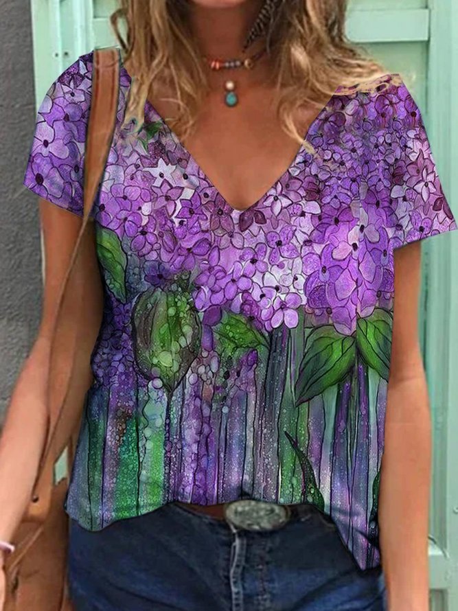 Floral Short Sleeve Printed Cotton-blend V neck Casual Summer Purple ...