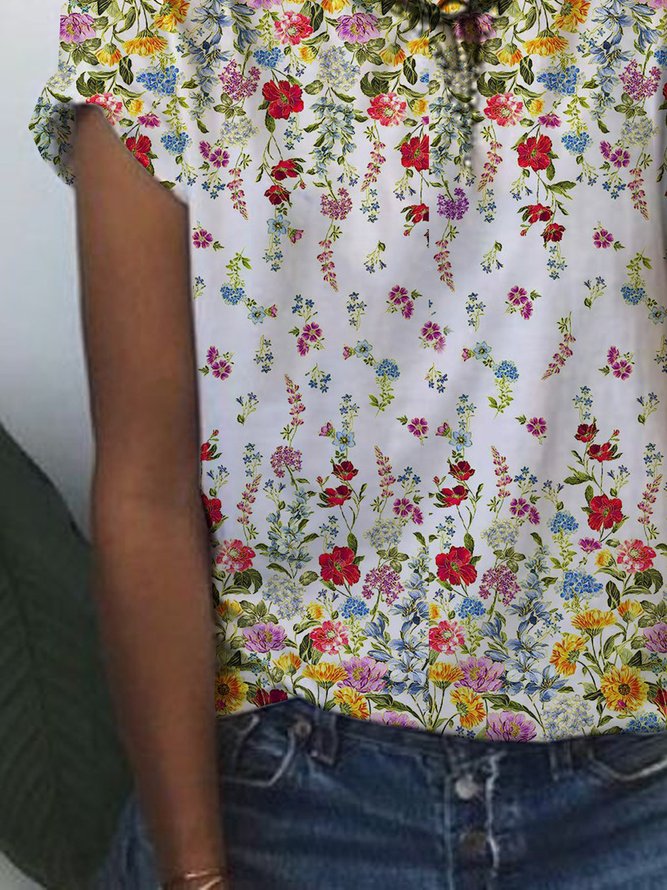 Floral  Short Sleeve  Printed  Cotton-blend  Crew Neck  Casual Summer  White Top
