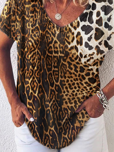 Leopard Short Sleeve V Neck T-shirt