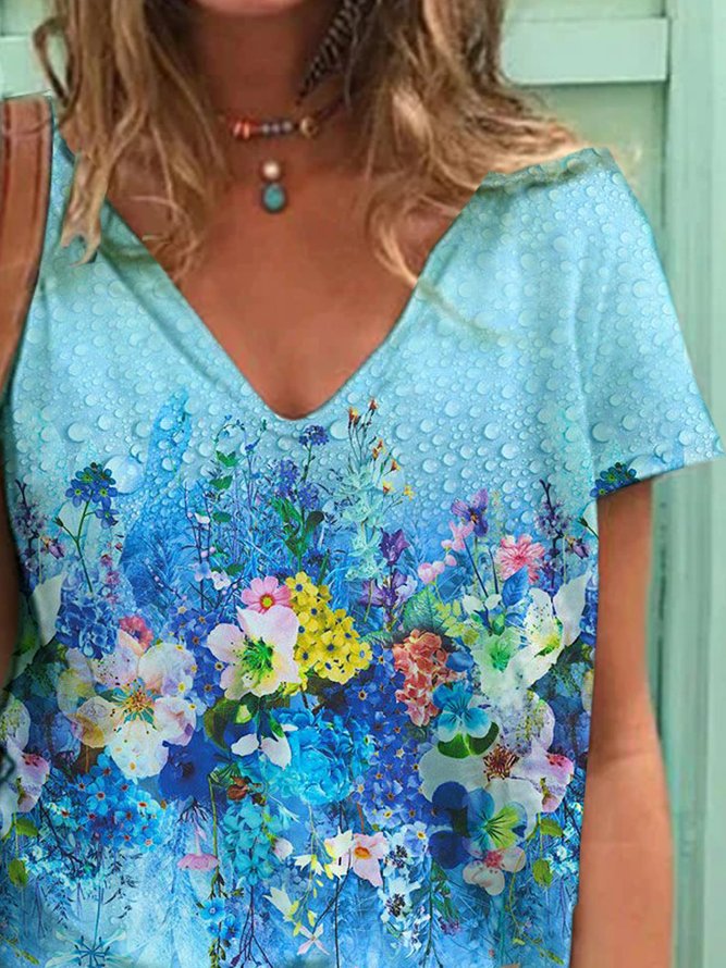 Floral  Short Sleeve  Printed  Cotton-blend  V neck  Casual  Summer Blue Top