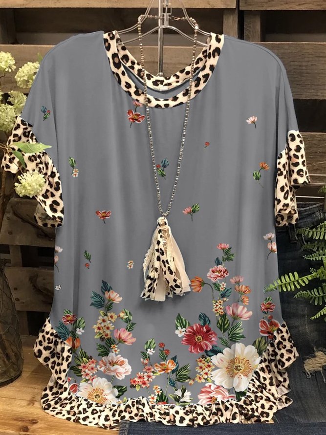 Floral Graphic Short Sleeve Round Neck Casual Top