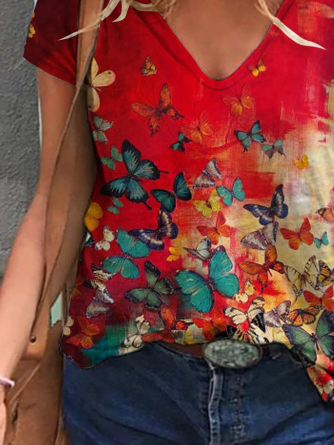 Women's Summer Butterfly Painting Print T-shirt
