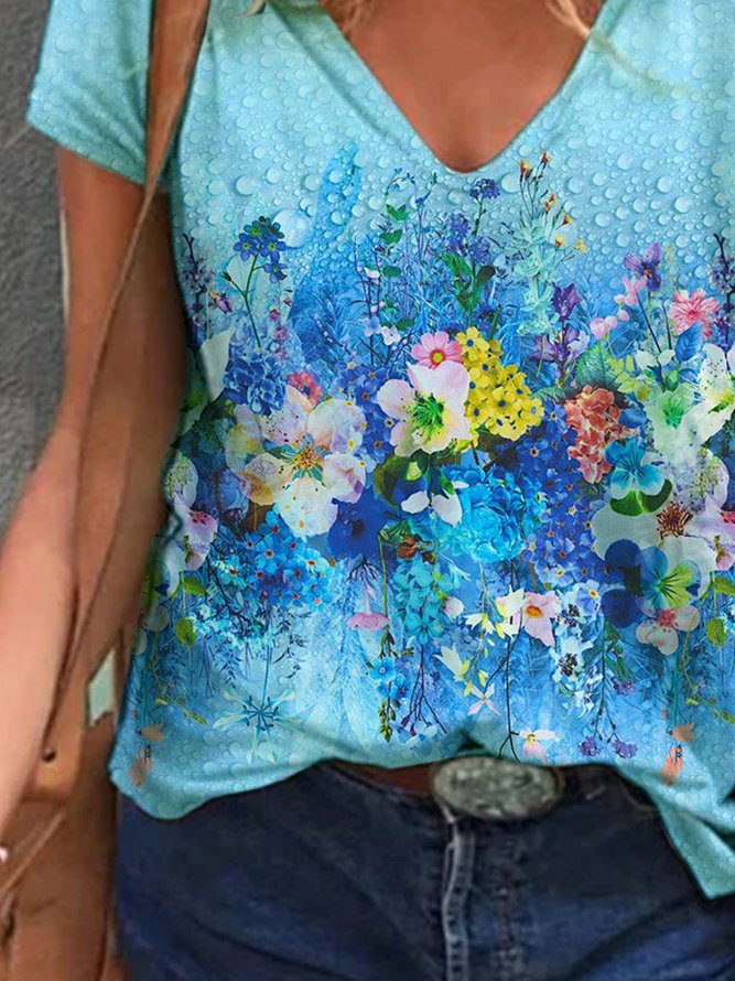 Floral  Short Sleeve  Printed  Cotton-blend  V neck  Casual  Summer Blue Top