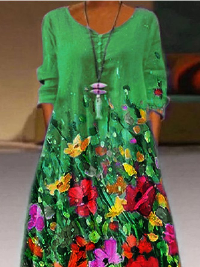 Women Summer Casual Printed Floral Green Maxi  Weaving Dress