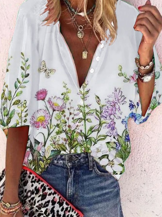 Floral  Half Sleeve  Printed Polyester  Stand Collar Vintage  Summer  White Shirt