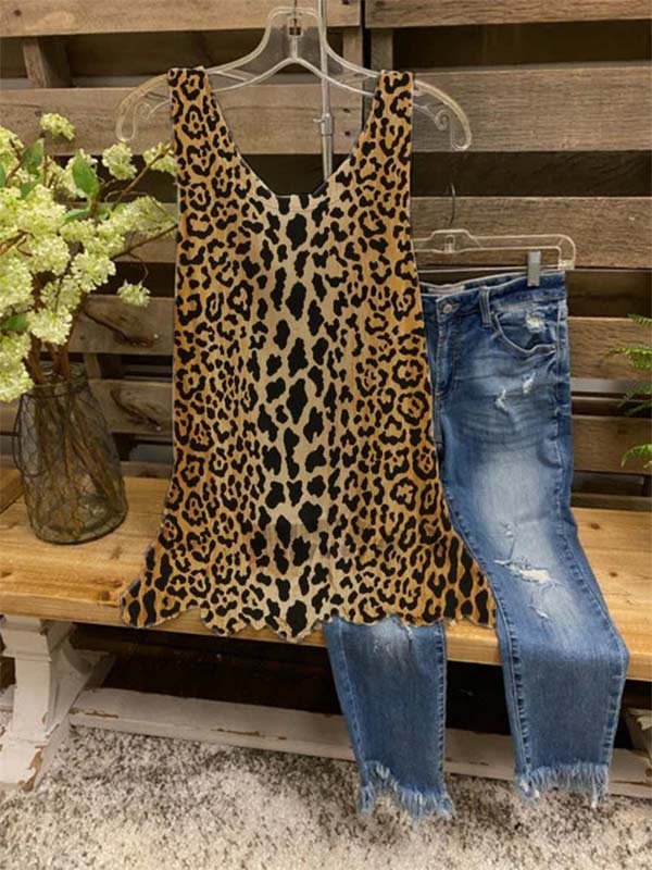 Sleeveless Leopard-Print Casual Shirts & Tops