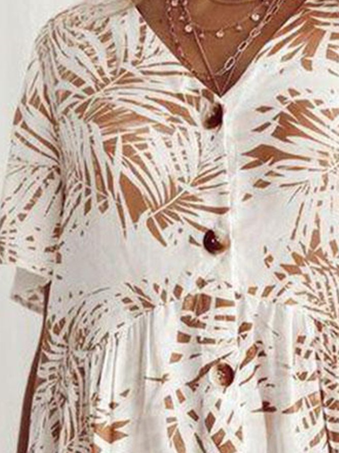 Cotton-Blend Casual V Neck Printed Weaving Dress