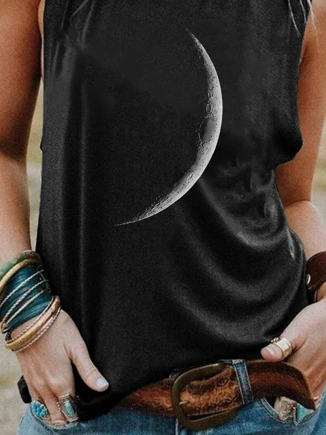 Black Moon Printed Shift Crew Neck Party Daily Casual Sleeveless Tanks & Camis