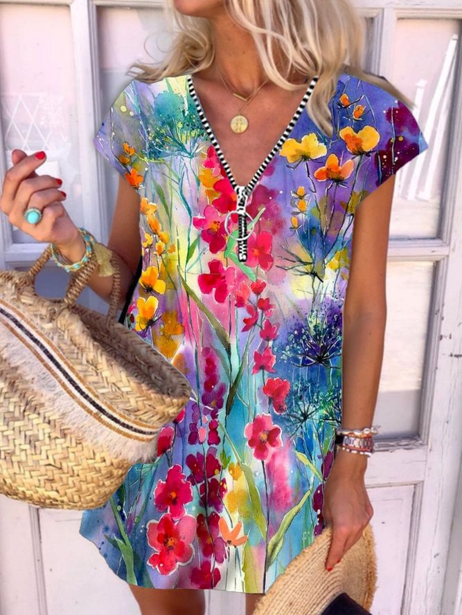 Short Sleeve Shift Weaving Dress
