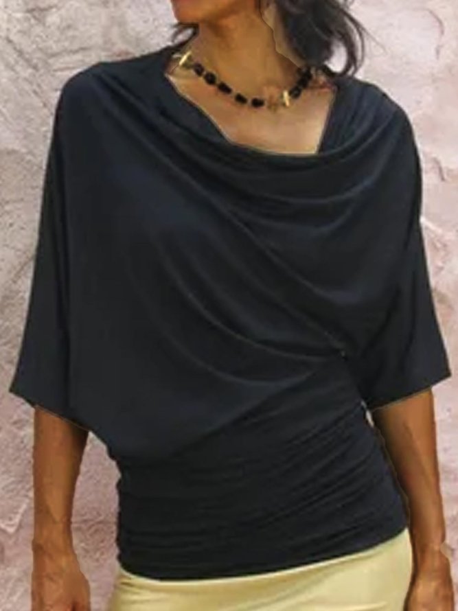 Plus Size Cowl Neck Vintage 3/4 Sleeve Cotton-Blend Tops