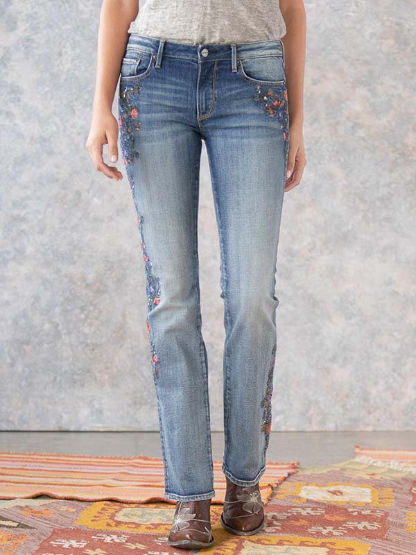 Casual Floral-Print Denim Jeans