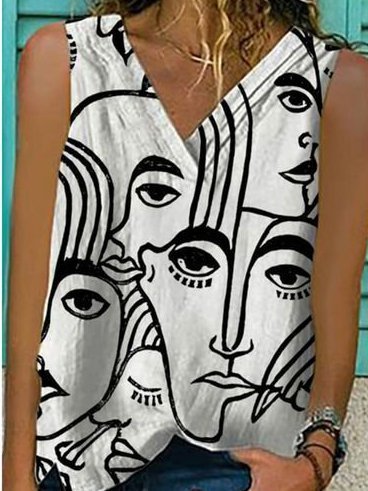 V Neck Boho Abstract Sleeveless Tops