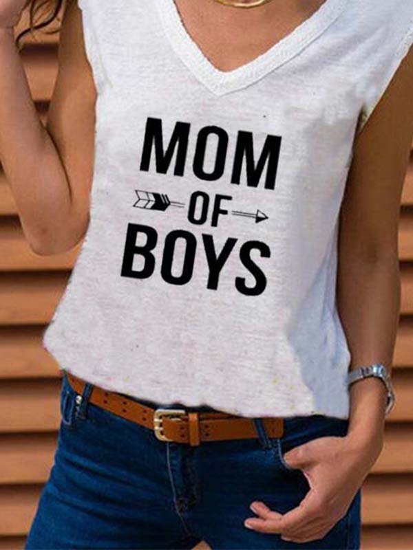 Mother's Day Letter Cotton-Blend V Neck Casual Shirt & Top
