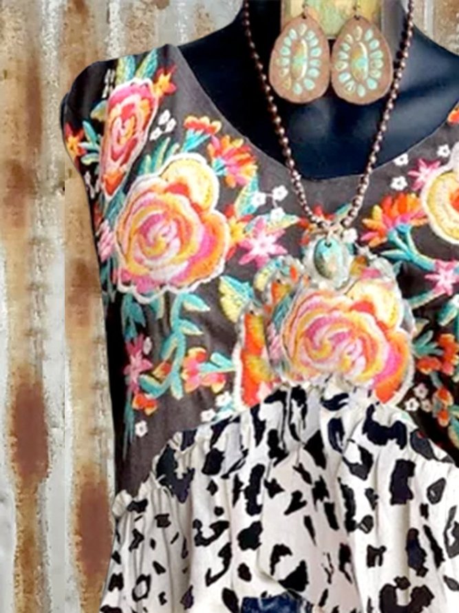 Cotton-Blend Casual Floral Tops