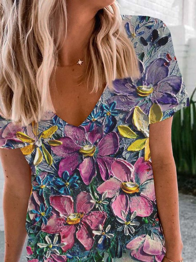 Floral  Short Sleeve  Printed  Cotton-blend  V neck  Casual Summer  Multicolor T-Shirt