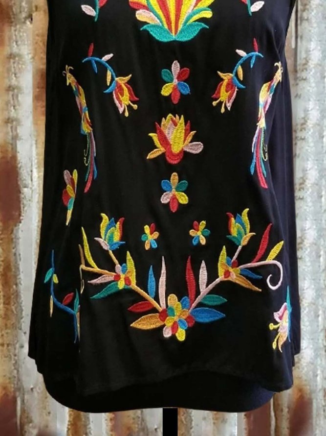 Floral Vintage Cotton-Blend Color-Block Shirts & Tops