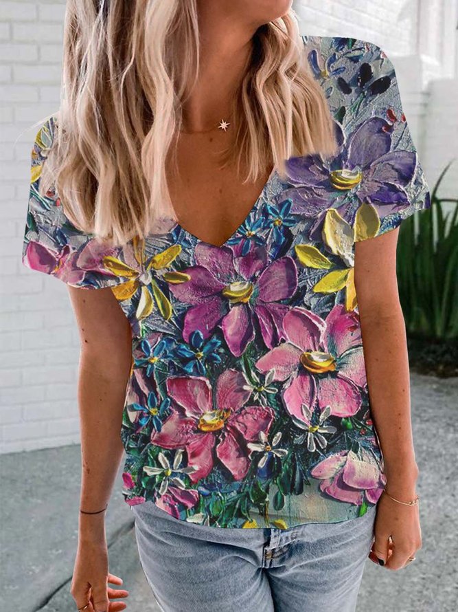 Floral  Short Sleeve  Printed  Cotton-blend  V neck  Casual Summer  Multicolor T-Shirt