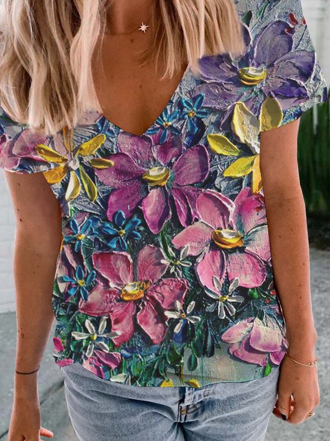 Floral  Short Sleeve  Printed  Cotton-blend  V neck  Casual Summer  Multicolor T-Shirt