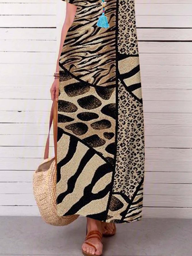 Leopard  Short Sleeve  Printed  Polyester  Crew Neck  Vintage  Summer  Brown Dress