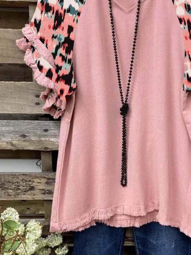 Leopard  Short Sleeve  Printed  Cotton-blend  V neck  Casual  Summer  Pink Top