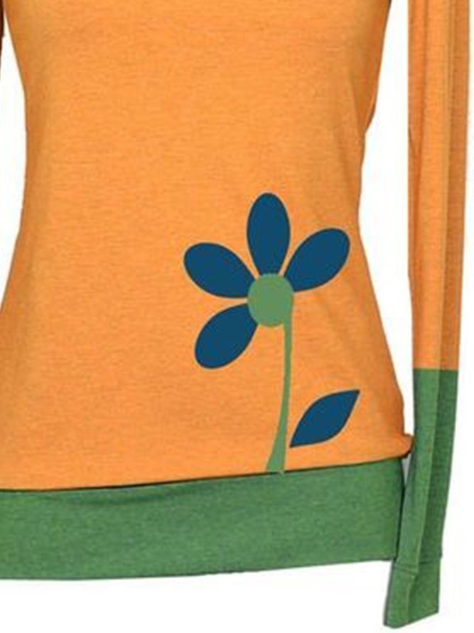 Vintage Floral Printed Color-block Plus Size Long Sleeves Crew Neck Casual Tops
