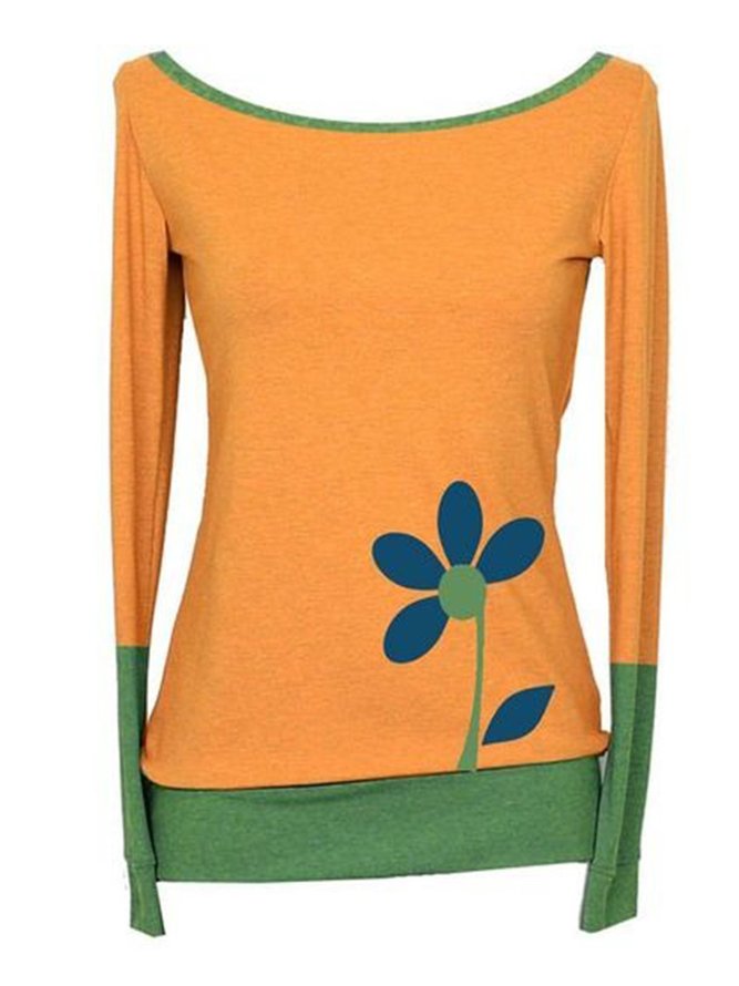 Vintage Floral Printed Color-block Plus Size Long Sleeves Crew Neck Casual Tops