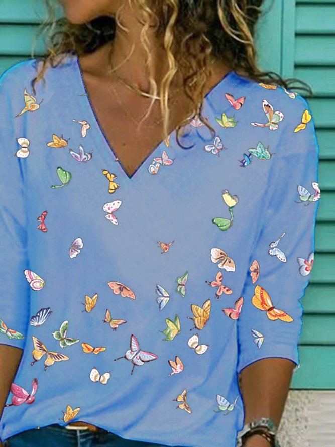Butterfly  Half Sleeve  Printed  Cotton-blend  V neck  Casual Summer  White Top