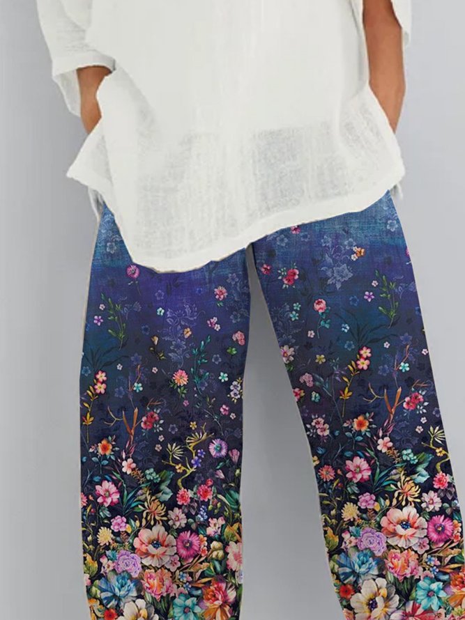 Floral  Shift  Printed  Polyester Vintage  Summer  Blue Pants
