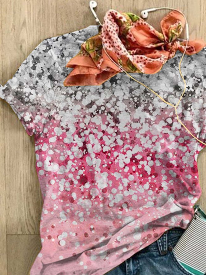Polka Dots  Short Sleeve  Printed  Cotton-blend Crew Neck  Casual  Summer  Pink T-Shirt