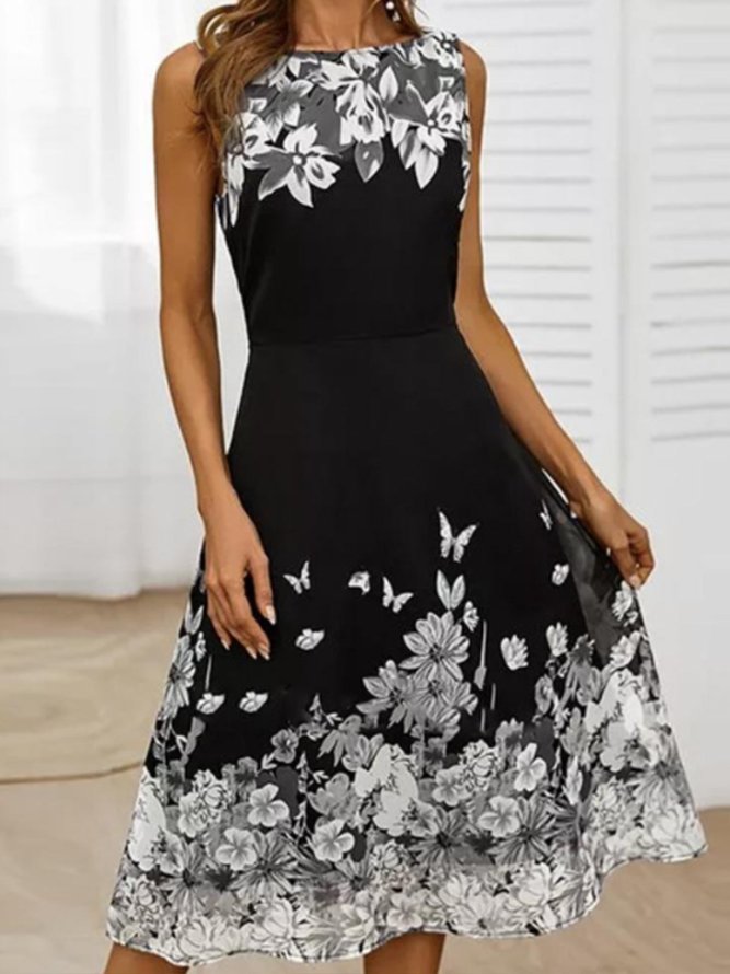 Women Summer Floral Print Round Neck Sleeveless Midi Dresses zolucky