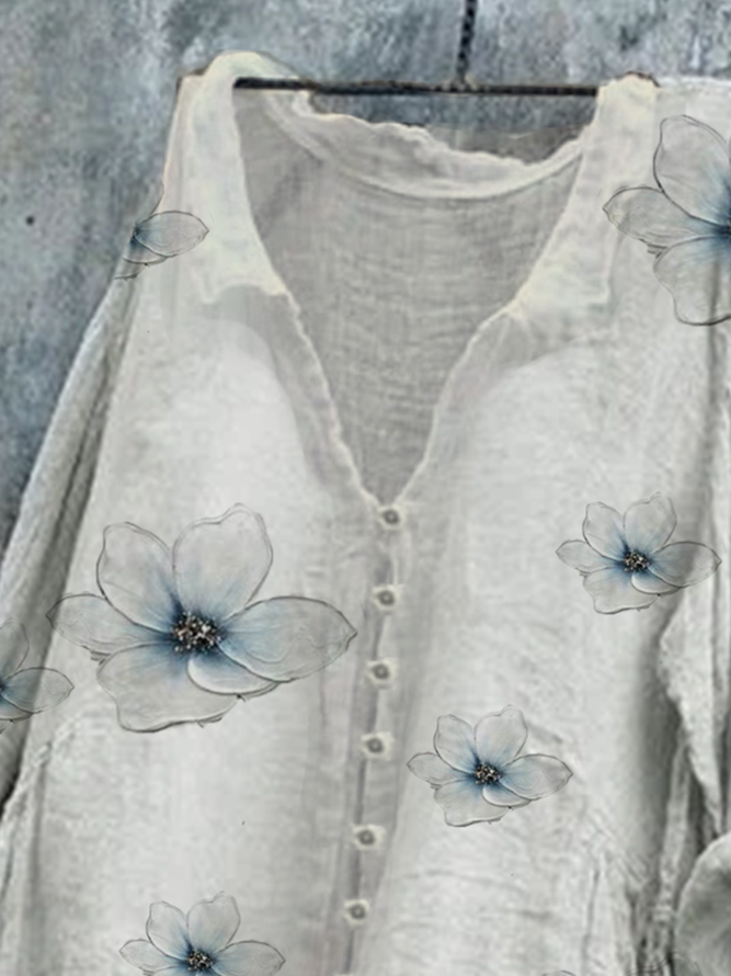 Shift Floral-Print Shawl Collar Long Sleeve Blouse