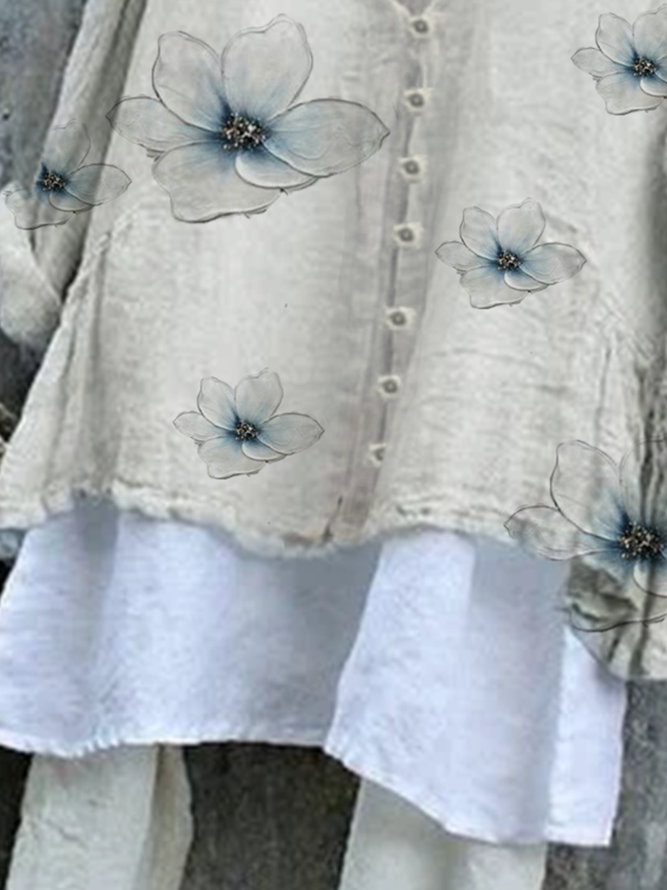Shift Floral-Print Shawl Collar Long Sleeve Blouse