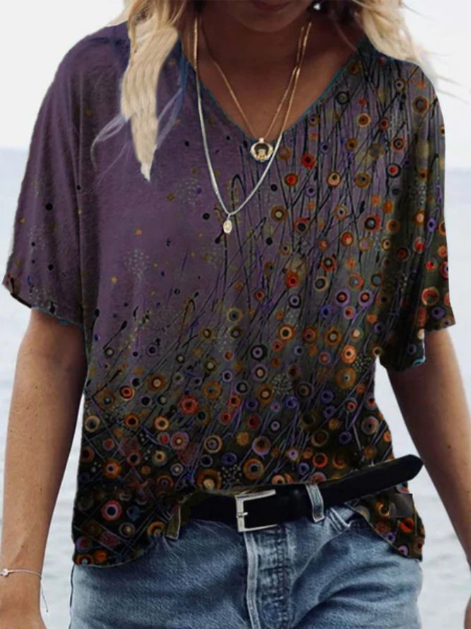 Women's Summer Shift Short Sleeve V Neck Vintage Floral Printed T-shirt