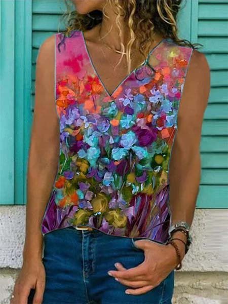 Women's Summer Sleeveless Floral Painting Style Tank Top