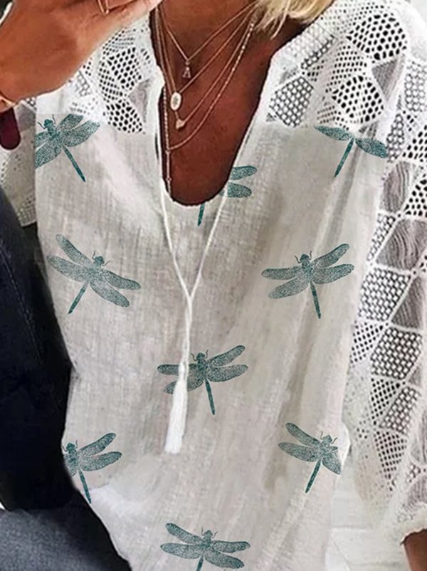 Printed Casual 3/4 Sleeve Cotton-Blend Top