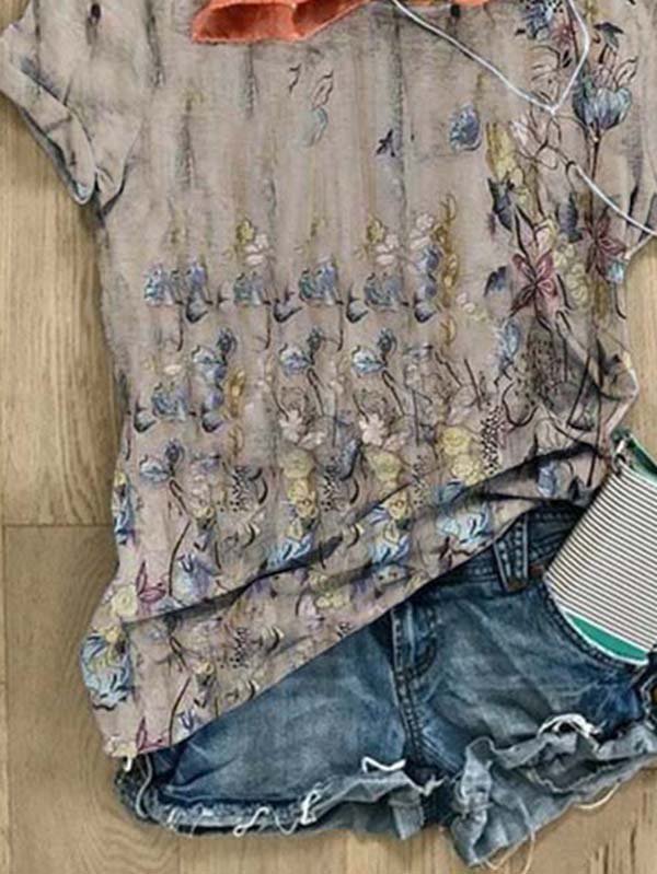 Short Sleeve Casual Crew Neck Floral-print T-shirt
