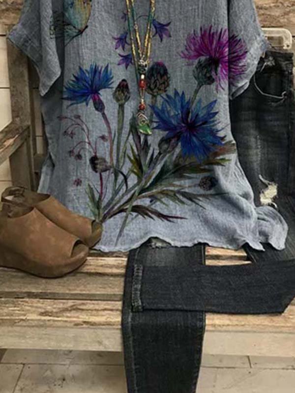 Casual Short Sleeve Floral-Print Tops