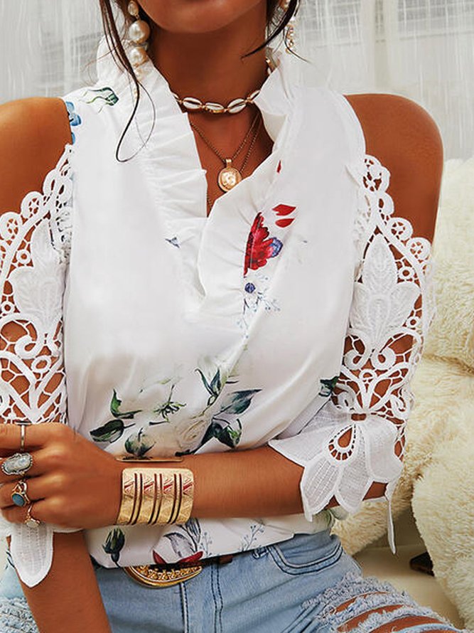 Floral  Short Sleeve  Printed  Polyester  Off Shoulder Ruffled Sexy  Summer  White Shirt