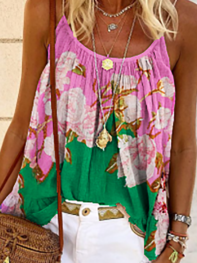 Floral Resort Sleeveless Scoop Neckline Shirts & Tops