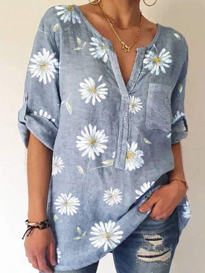 Casual Long Sleeve Shift Floral Blouse