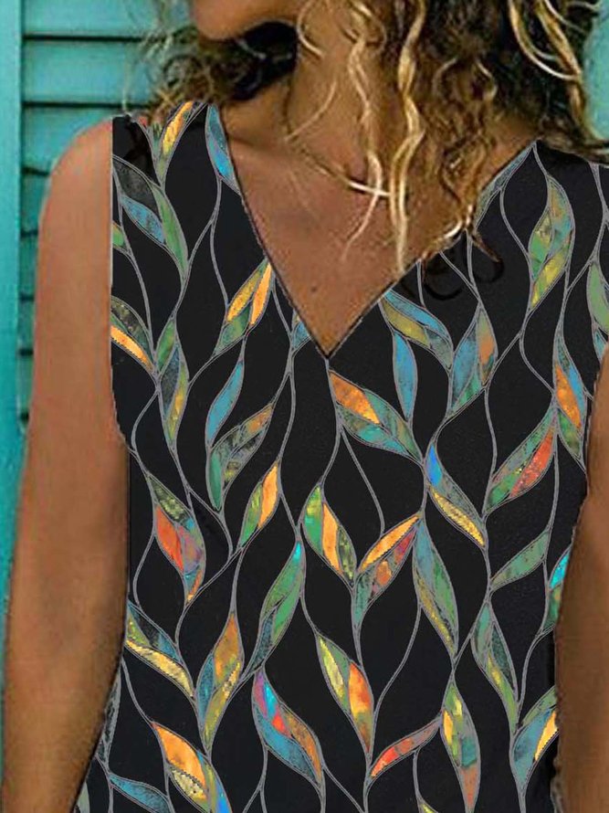 Geometric  Sleeveless  Printed  Cotton-blend  V neck  Vintage  Summer Black Top