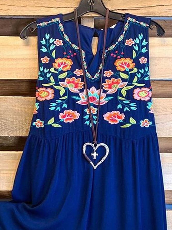 Floral  Sleeveless Printed  Cotton-blend  V neck Vintage  Summer  Navy Blue Top