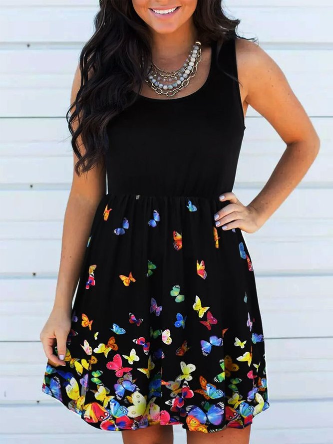 Vintage Butterflies Printed Statement Plus Size Sleeveless Crew Neck Casual Dresses Dresses