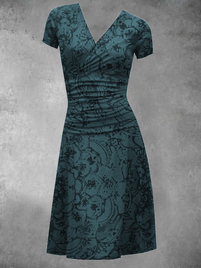 Short Sleeve Floral Vintage A-Line Knitting Dress