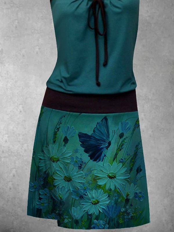 Sleeveless Casual Floral-Print Cotton-Blend Knitting Dress