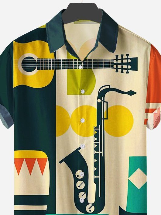 Mens Vintage Guitar and saxophone Print Hawaiian Lapel Shirts