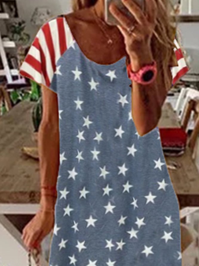 New Women Chic Vintage Boho Hippie Holiday Star Shift Short Sleeve Casual Knitting Dress