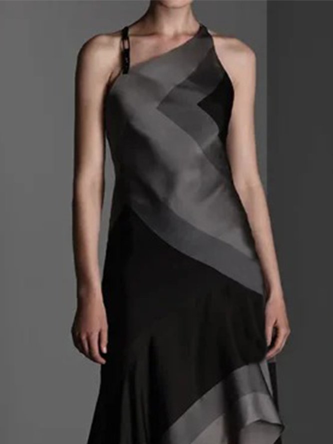 Vintage Elegant Plain Color-block Sleeveless Casual Weaving Dress