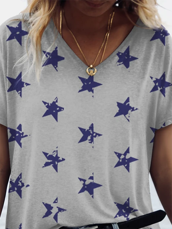 Printed V Neck Casual Short Sleeve Top