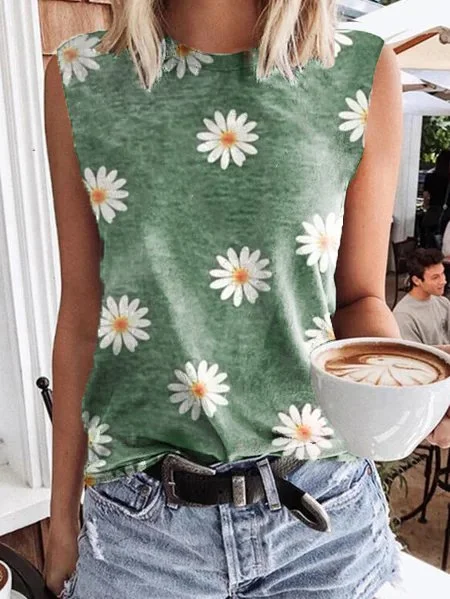 Sleeveless T-shirt with Daisy print round neck | zolucky